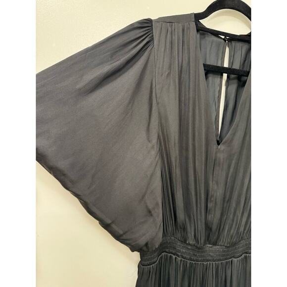 Maje $345 Black Satin Pant Jumpsuit Elastic Waist Size 42/ XL Flutter Sleeves - Picture 9 of 11
